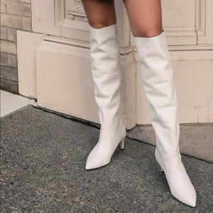 Joie White Snake Embossed Over the Knee Stiletto Pointed Toe Boots